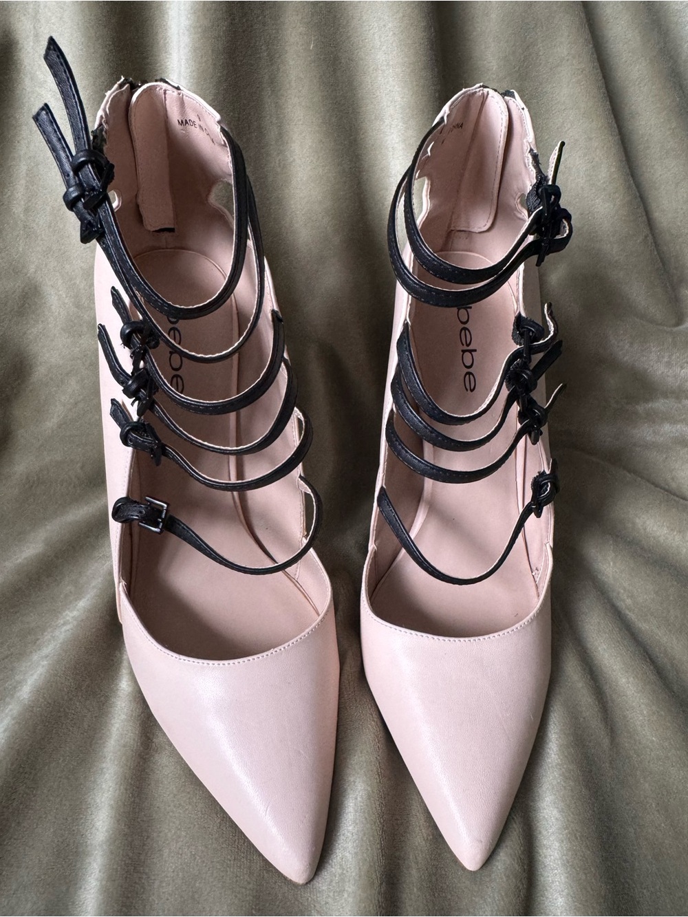 bebe Blush Pointed-Toe Pumps with Black Multi-Strap Detail